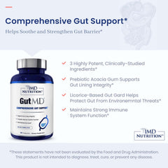 1MD GutMD bottle pour shot suggests easy dosing and portability for on-the-go use.
