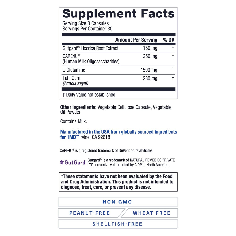 1MD GutMD label detail focuses on L-glutamine and prebiotic benefits.
