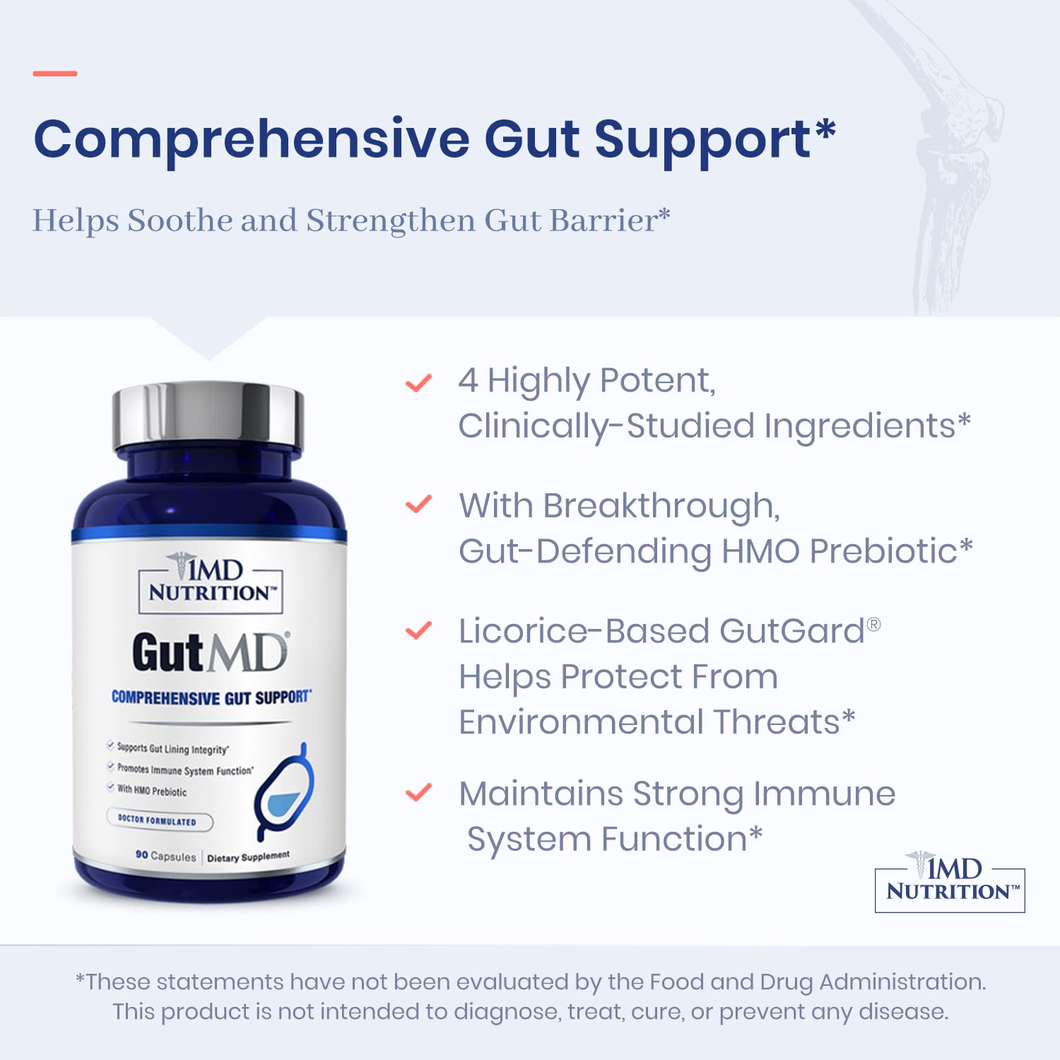 1MD GutMD label detail highlighting ingredients for supporting gut integrity.