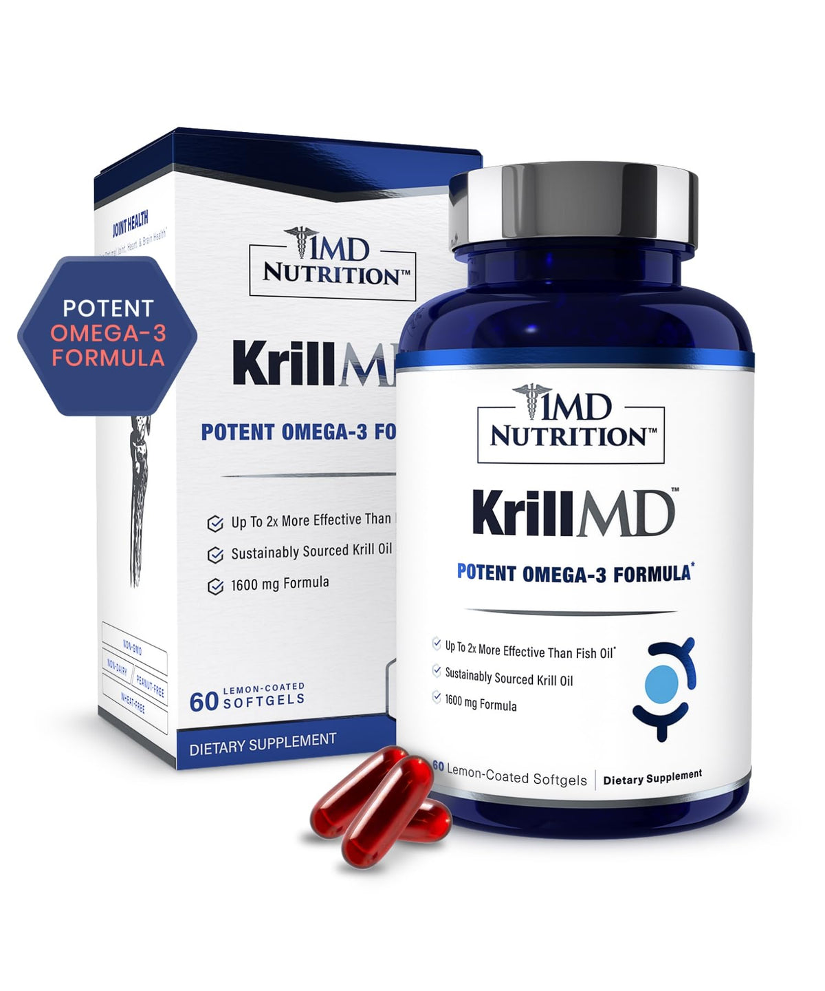 1MD KrillMD bottle on shelf highlighting Antarctic krill oil for daily omega-3 support.