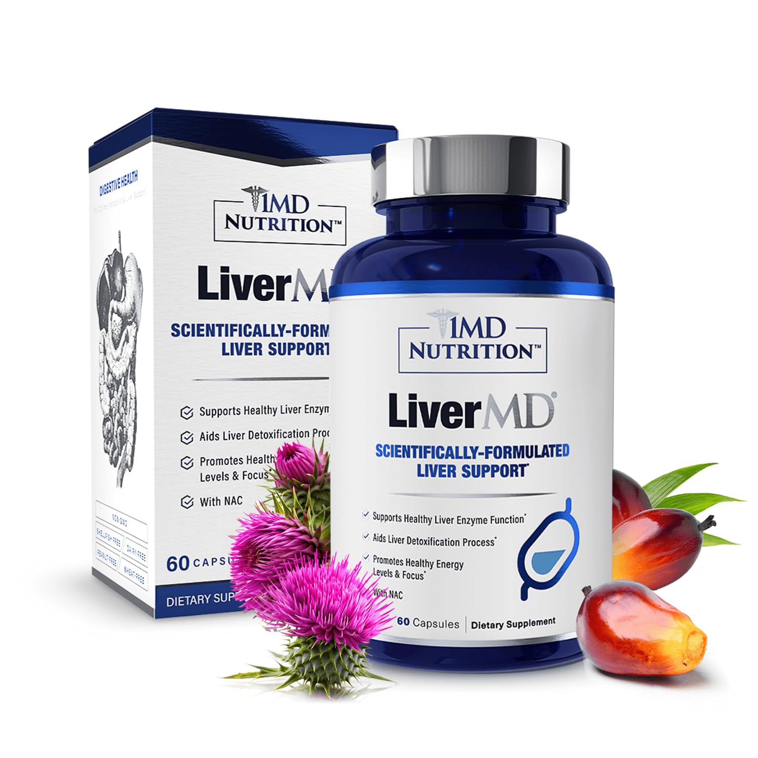 1MD Nutrition LiverMD bottle front showing daily liver support packaging