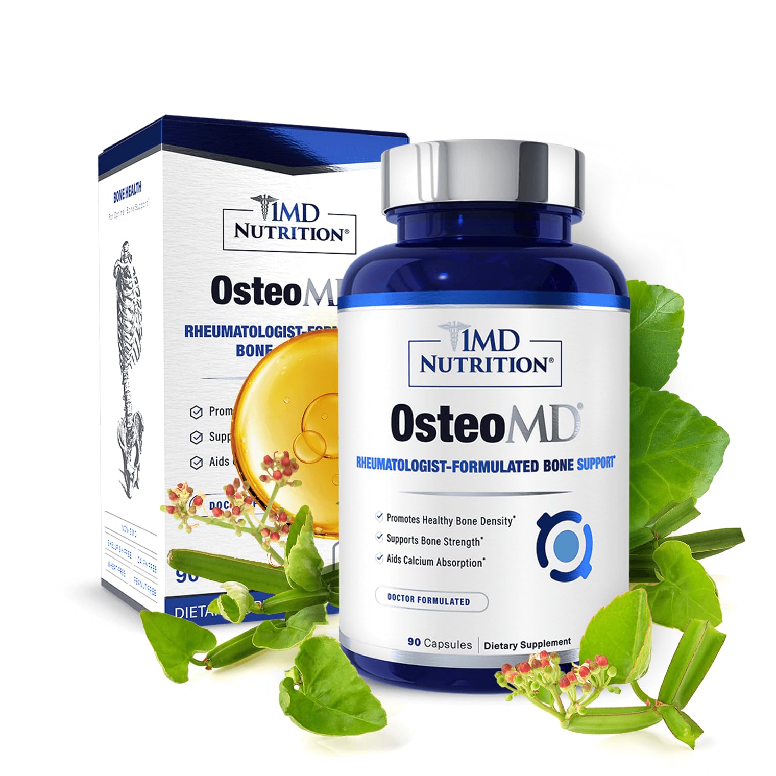 The 1MD OsteoMD bottle front showcases its bone health formulation.
