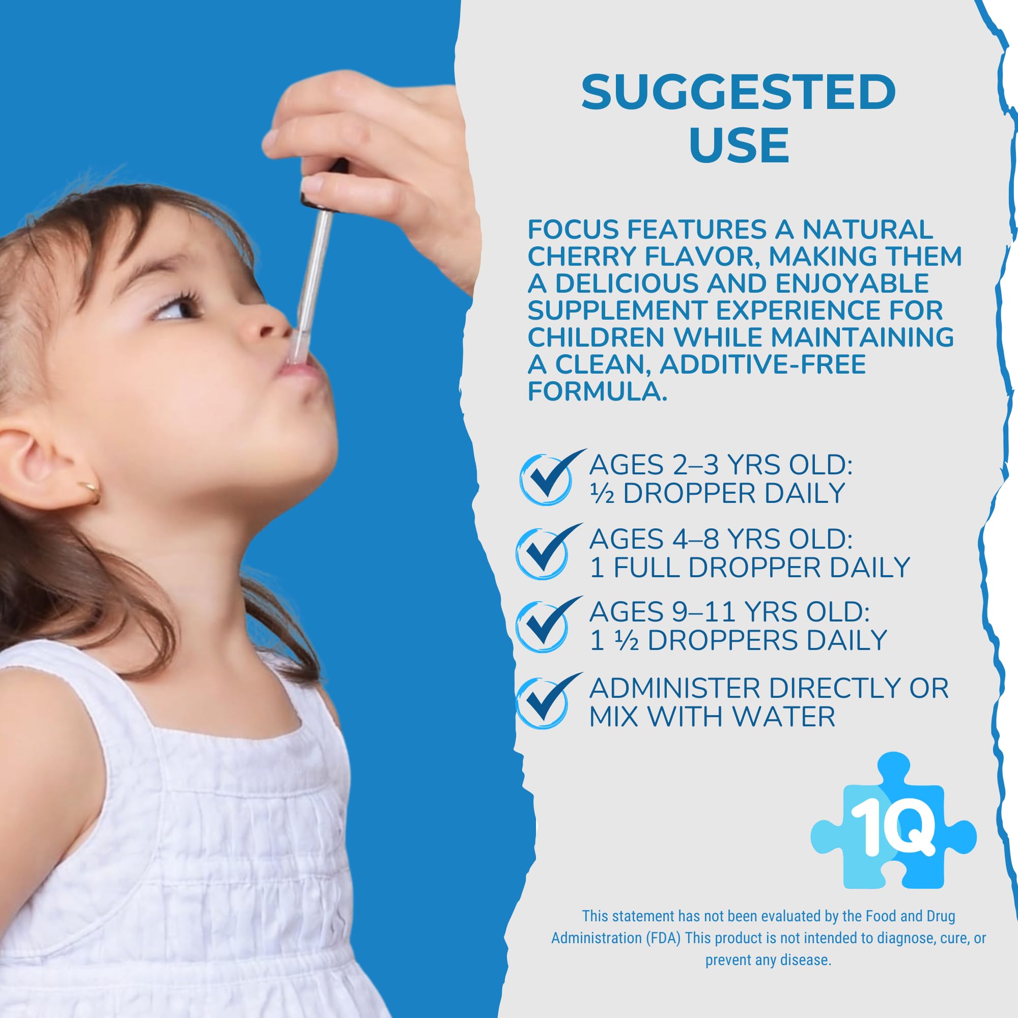 1Q Focus instructional label communicates ingredient and usage clearly