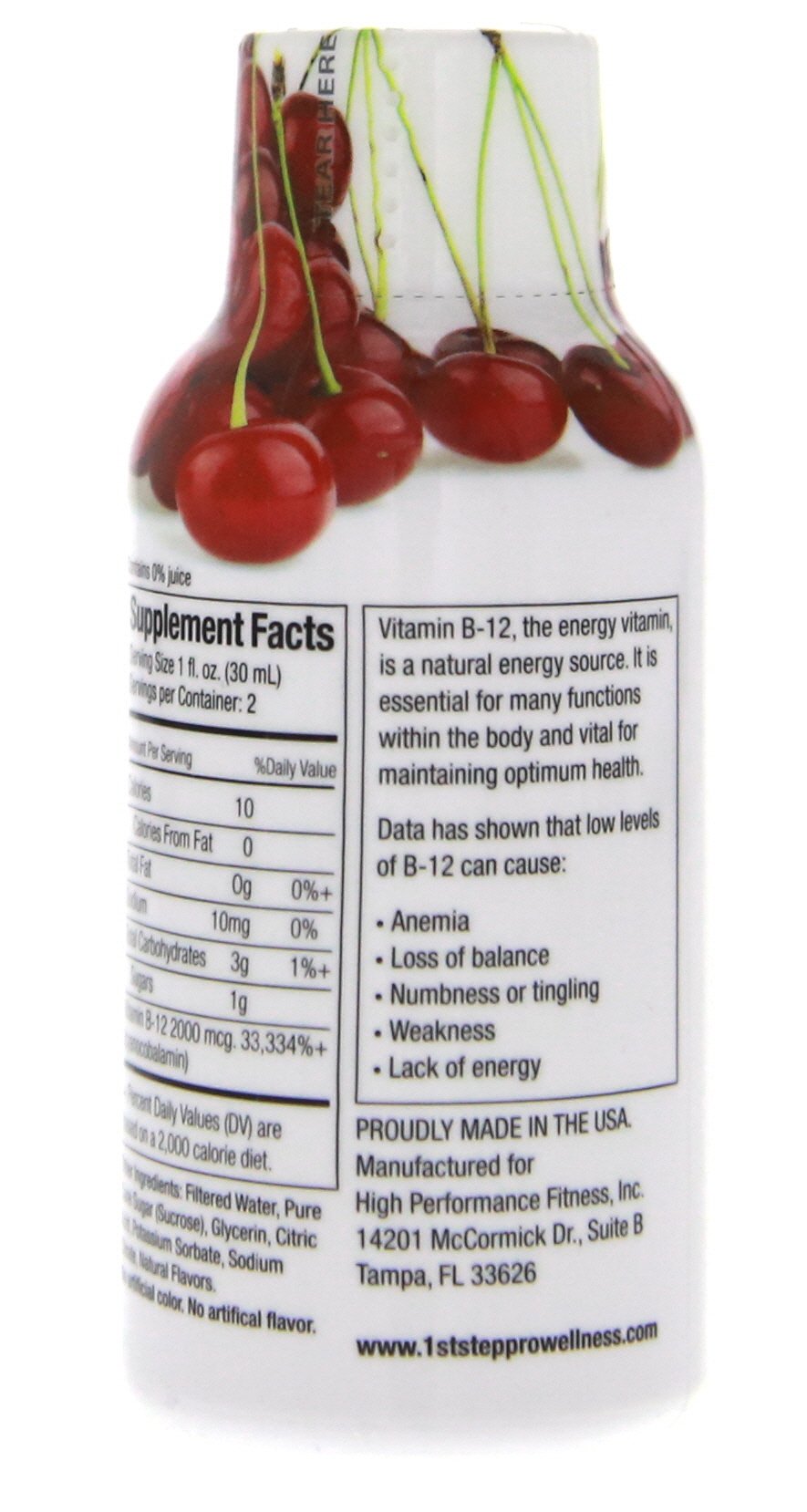 1st Step for Energy B-12 Boost Cherry Charge bottle side view, ergonomic grip for effortless daily use.