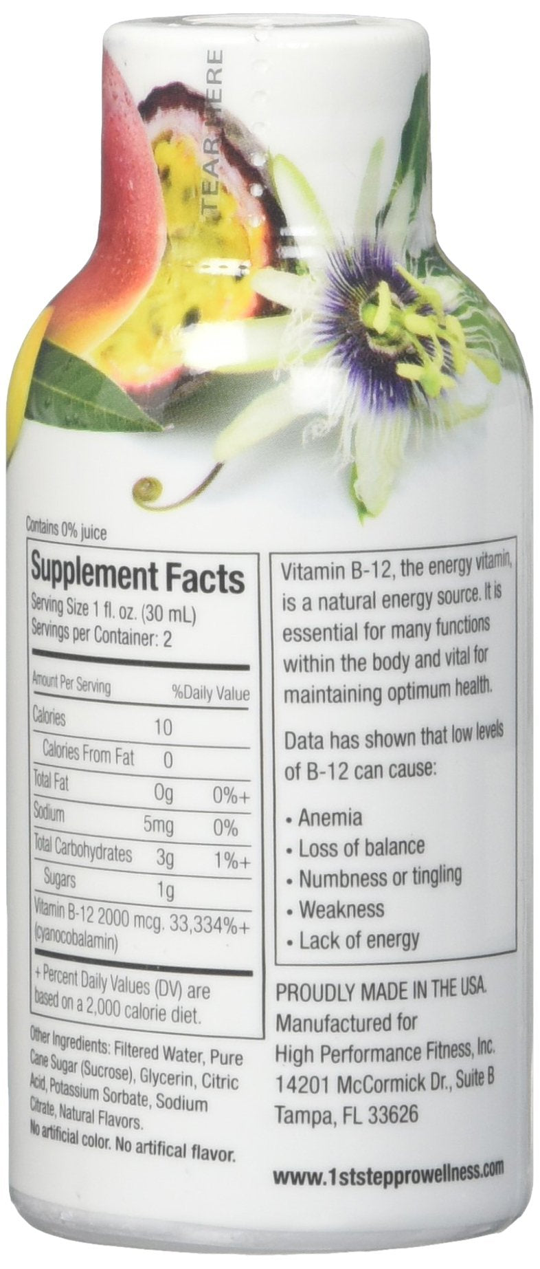 1st Step for Energy B-12 Shot Tropical Blast ingredients displayed for steady energy