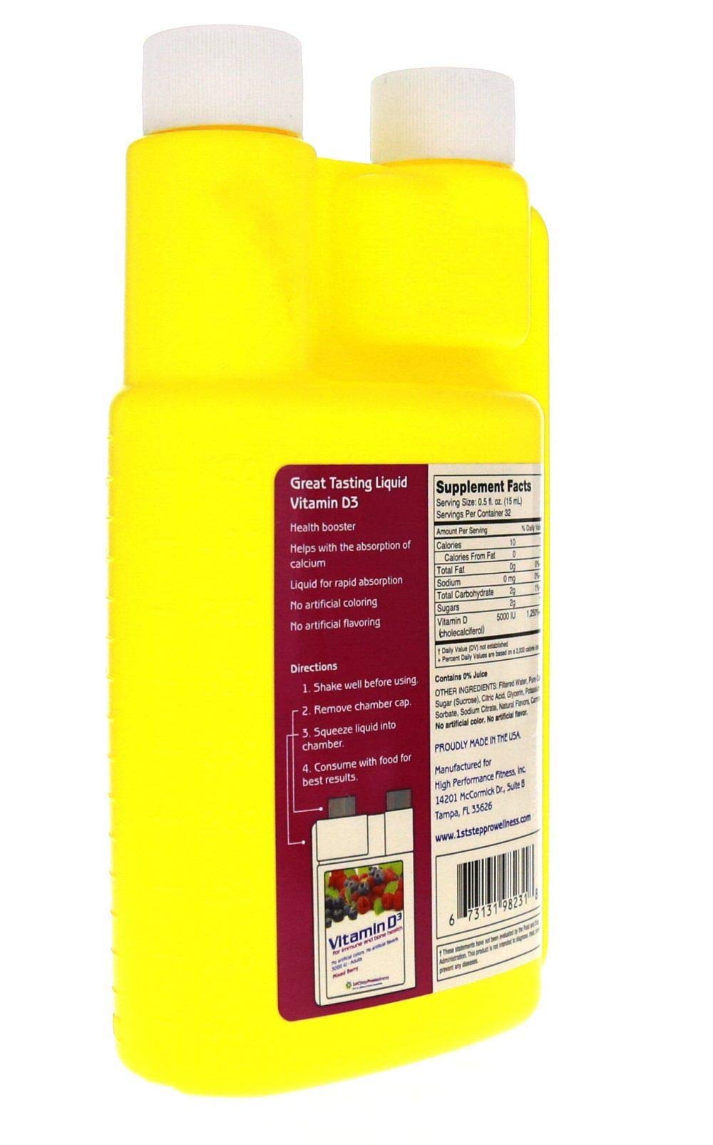 Label close-up of 1st Step for Energy showing mixed berry flavor and 1200 IU for adults