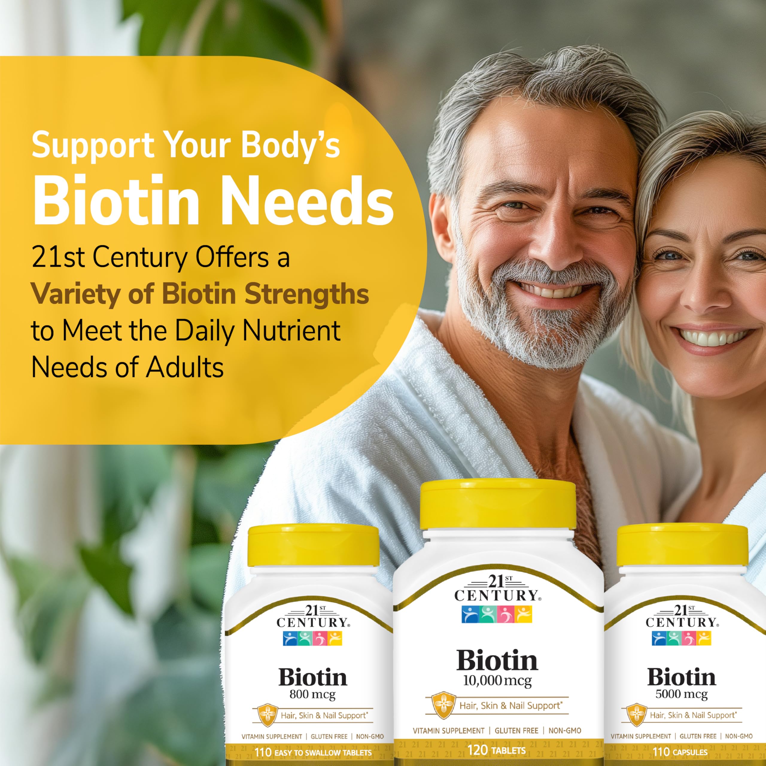 Close look at 21st Century Biotin tablets packaging with lab-tested quality seal