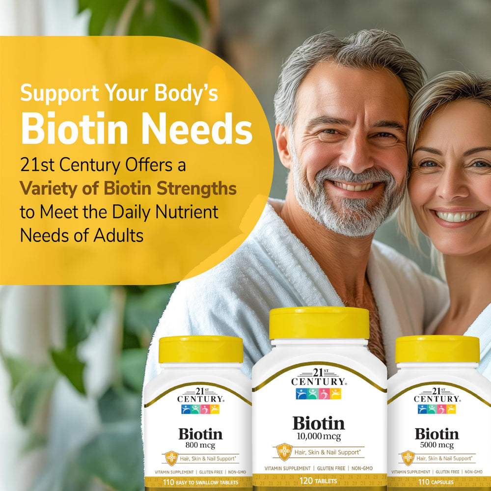 Close look at 21st Century Biotin tablets packaging with lab-tested quality seal