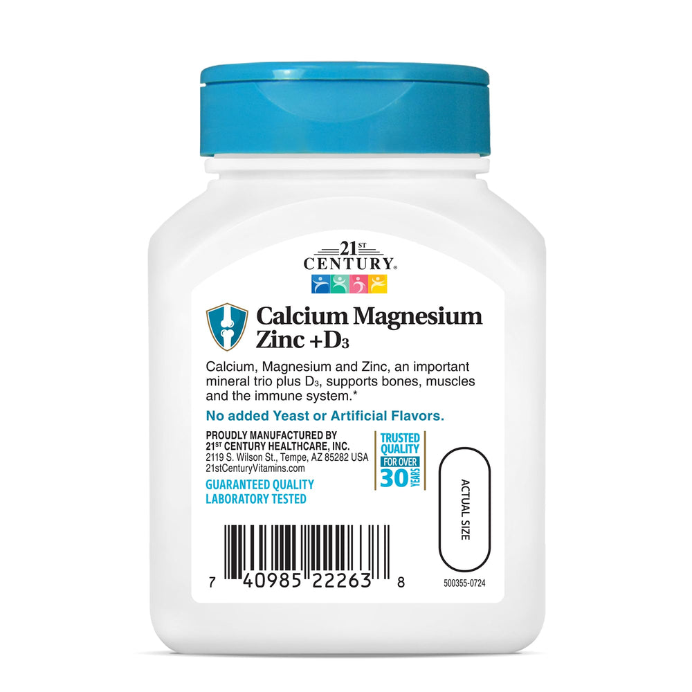 21st Century Cal Mag Zinc D tablets packaged in a resealable bottle for convenient daily dosing.