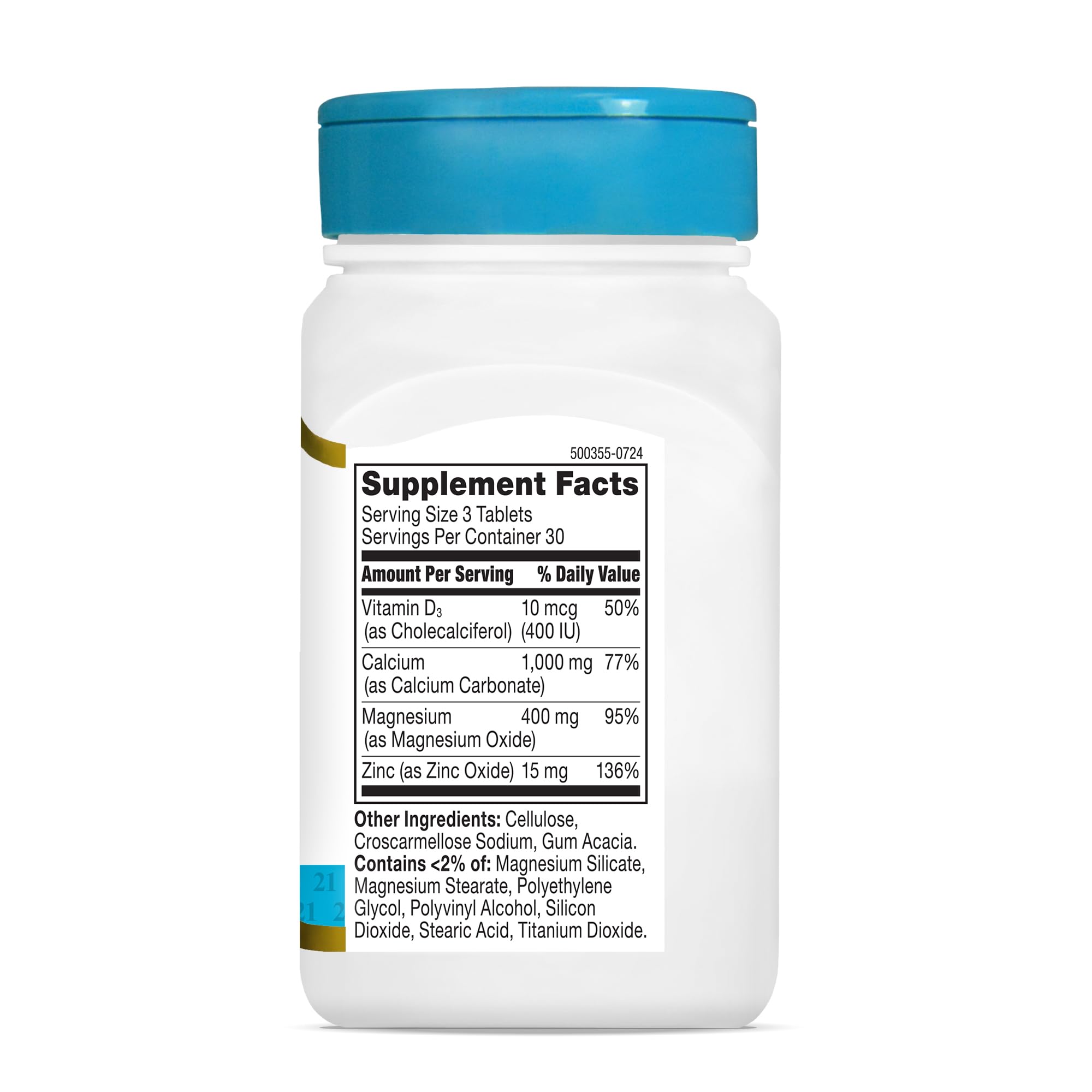21st Century Cal Mag Zinc D tablets pour illustration for easy daily use.