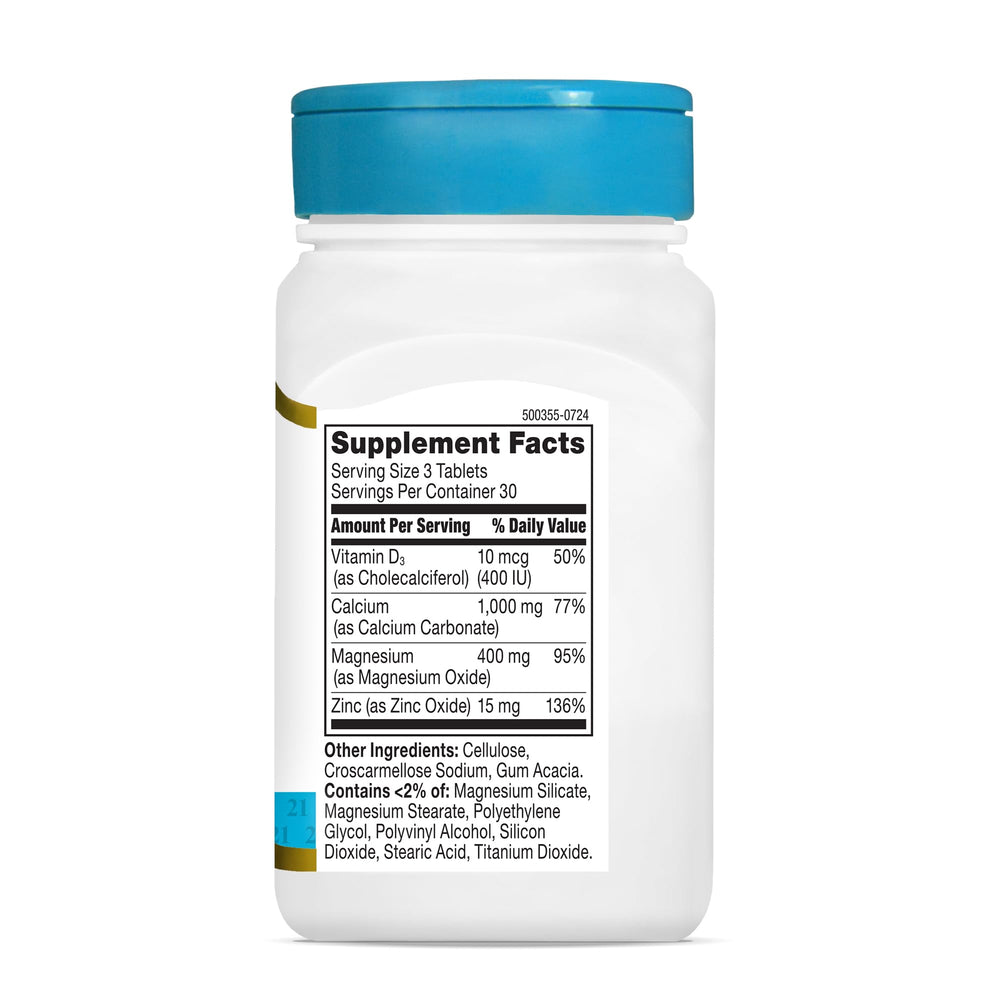 21st Century Cal Mag Zinc D tablets pour illustration for easy daily use.