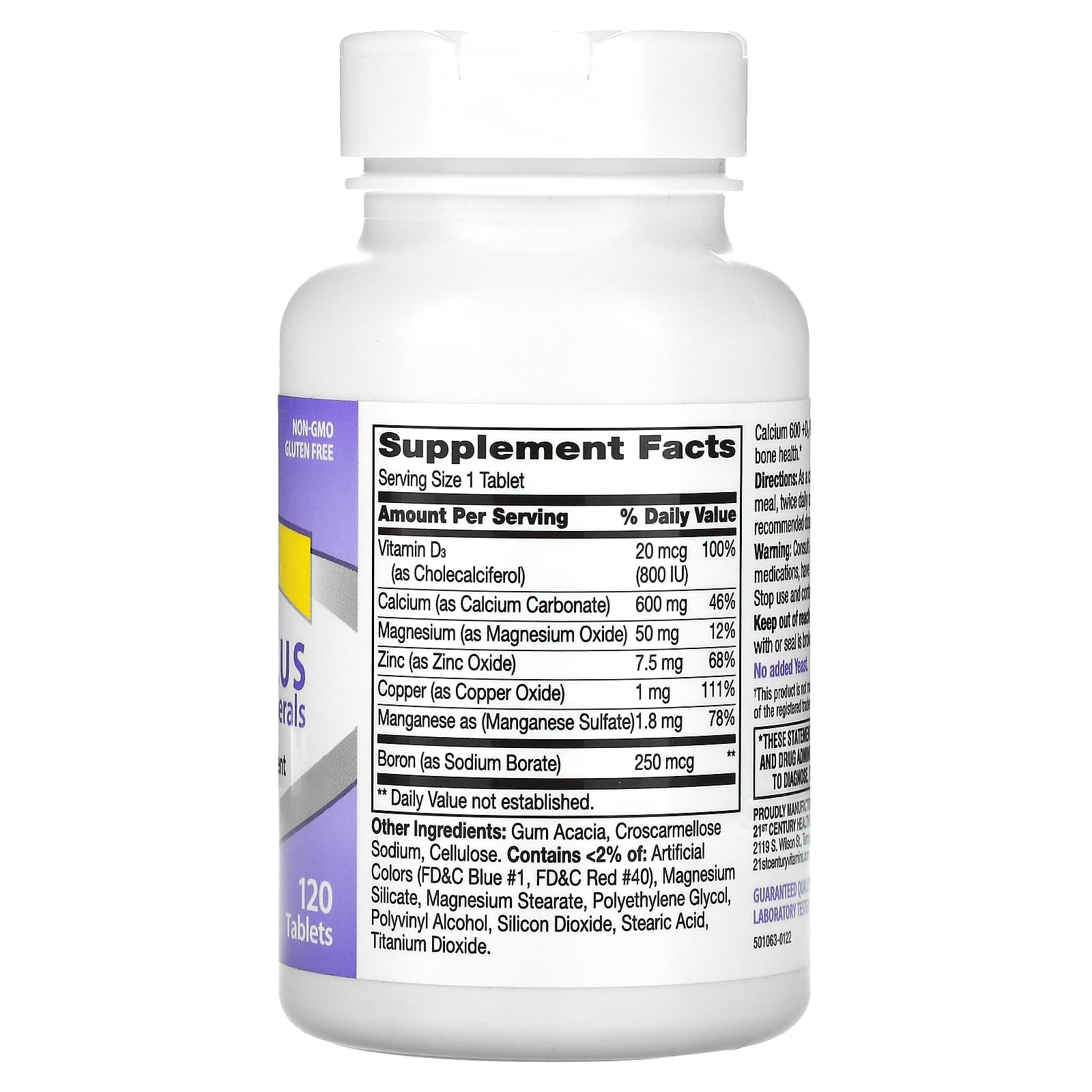 21st Century Calcium 600 Plus D3 minerals label close-up highlights vitamin D3 for absorption.
