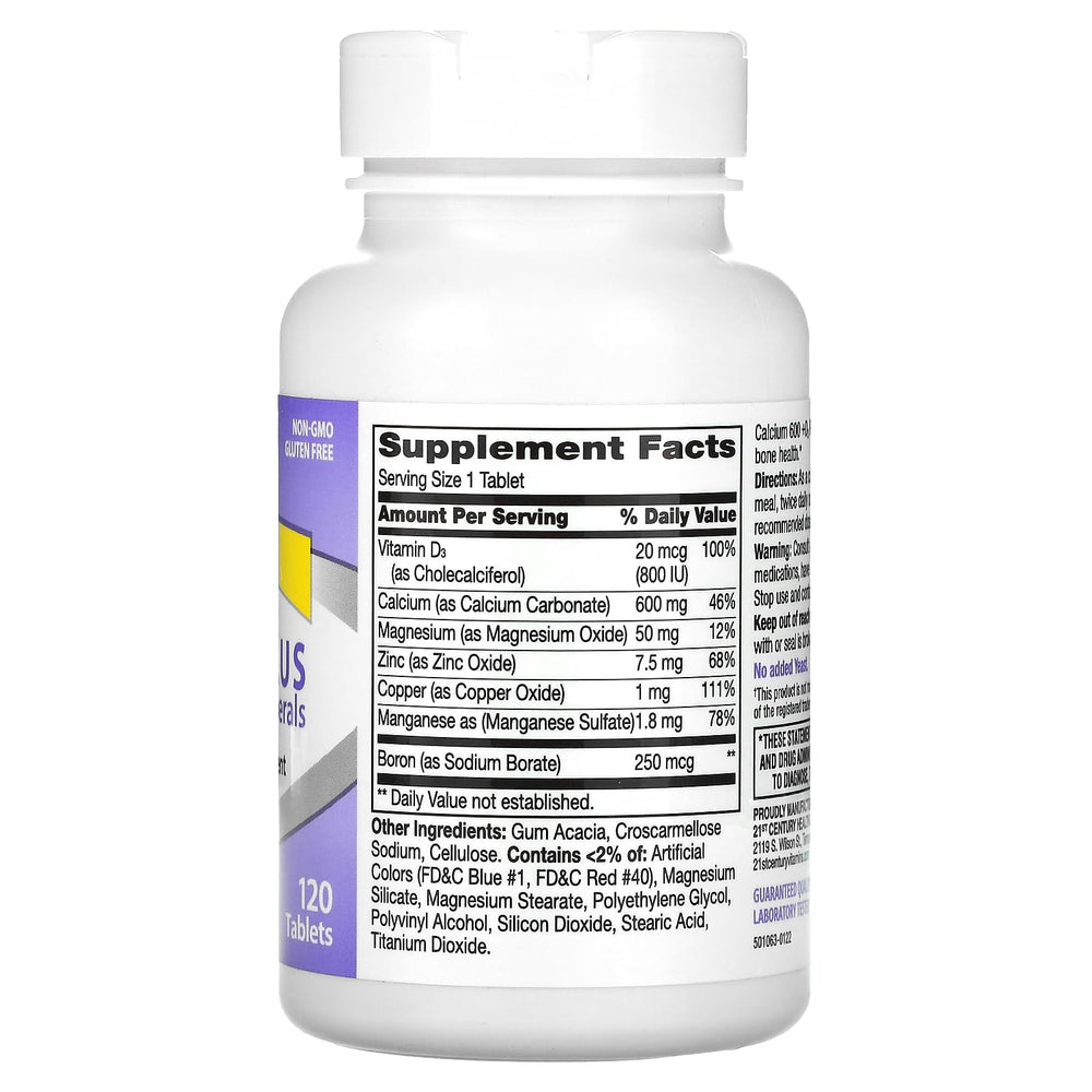 21st Century Calcium 600 Plus D3 minerals label close-up highlights vitamin D3 for absorption.
