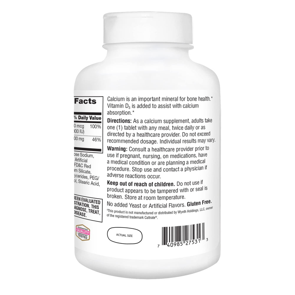 Closeup of dosage cap showing 600 mg calcium and 800 IU D3.