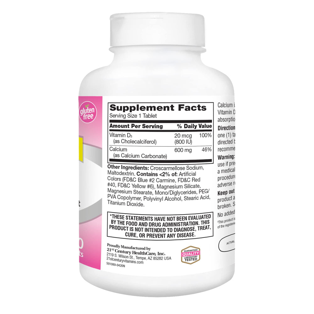 Label information on 21st Century Calcium Plus D bottle.
