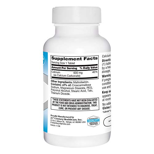 21st Century Calcium tablets being poured with emphasis on no artificial flavors and gluten free