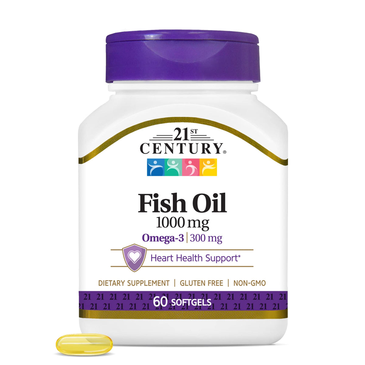 21st Century Fish Oil bottle shows omega-3 softgels for daily heart health support.