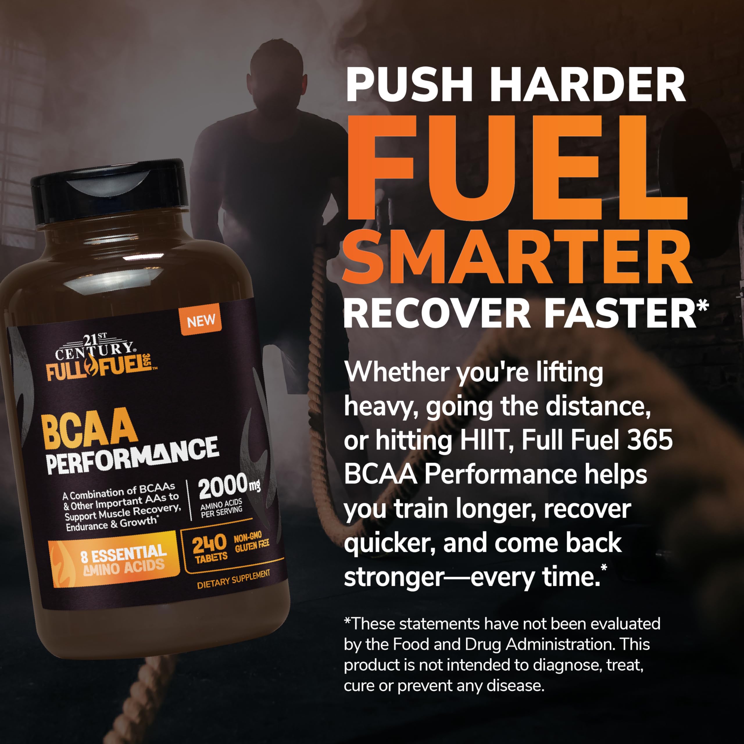 Glass of water beside 21st Century Full Fuel 365 BCAA performance bottle after workout.