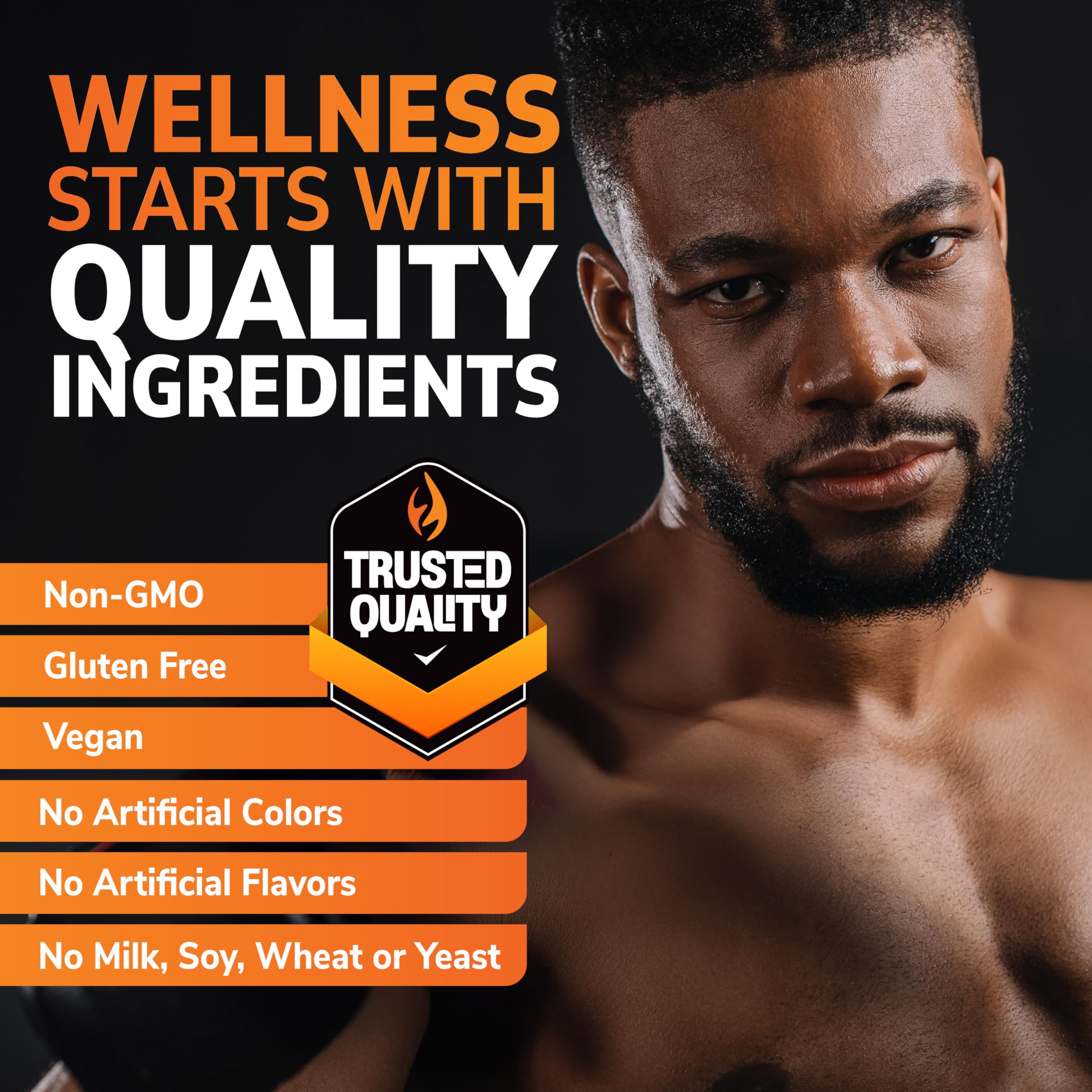 Bottle with nutrition facts highlights non-GMO and vegan-friendly attributes.