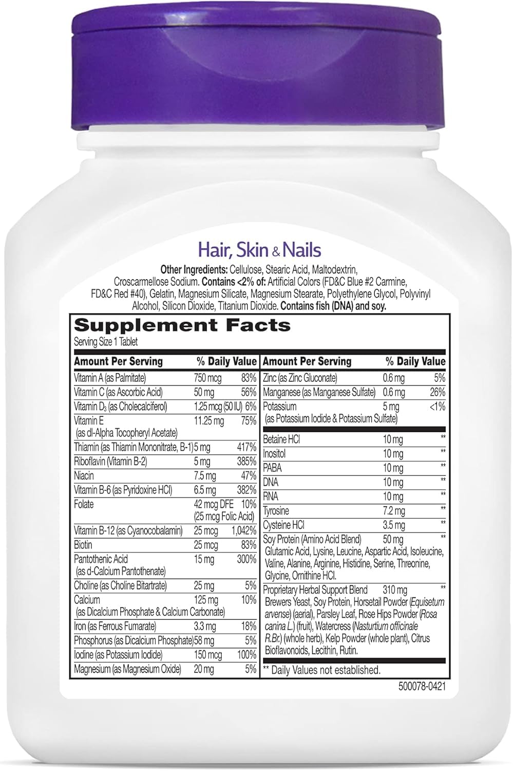 Close-up of 21st Century Hair Skin Nails label highlighting gluten free formula