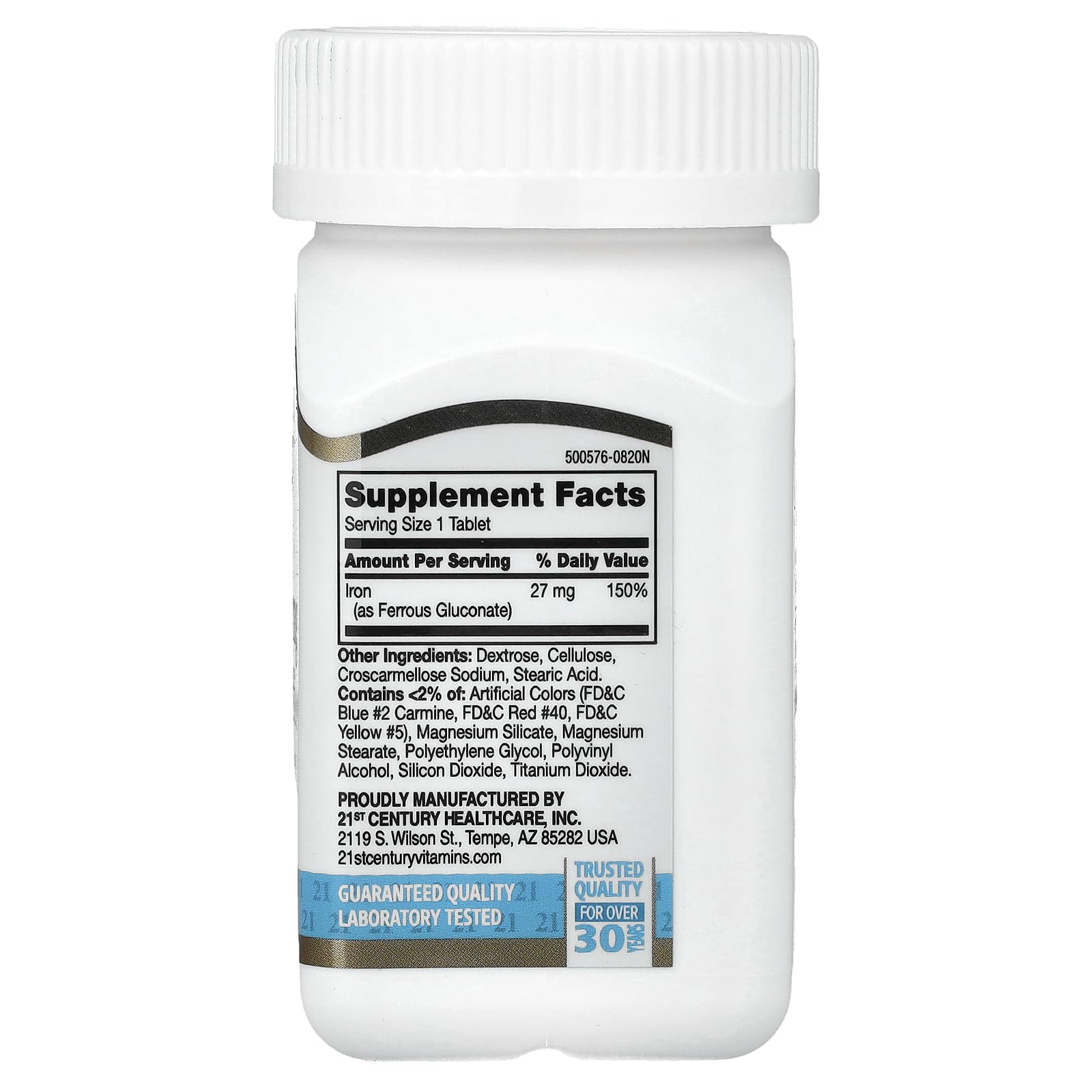 Packaging of 110-count bottle highlighting the iron supplement.