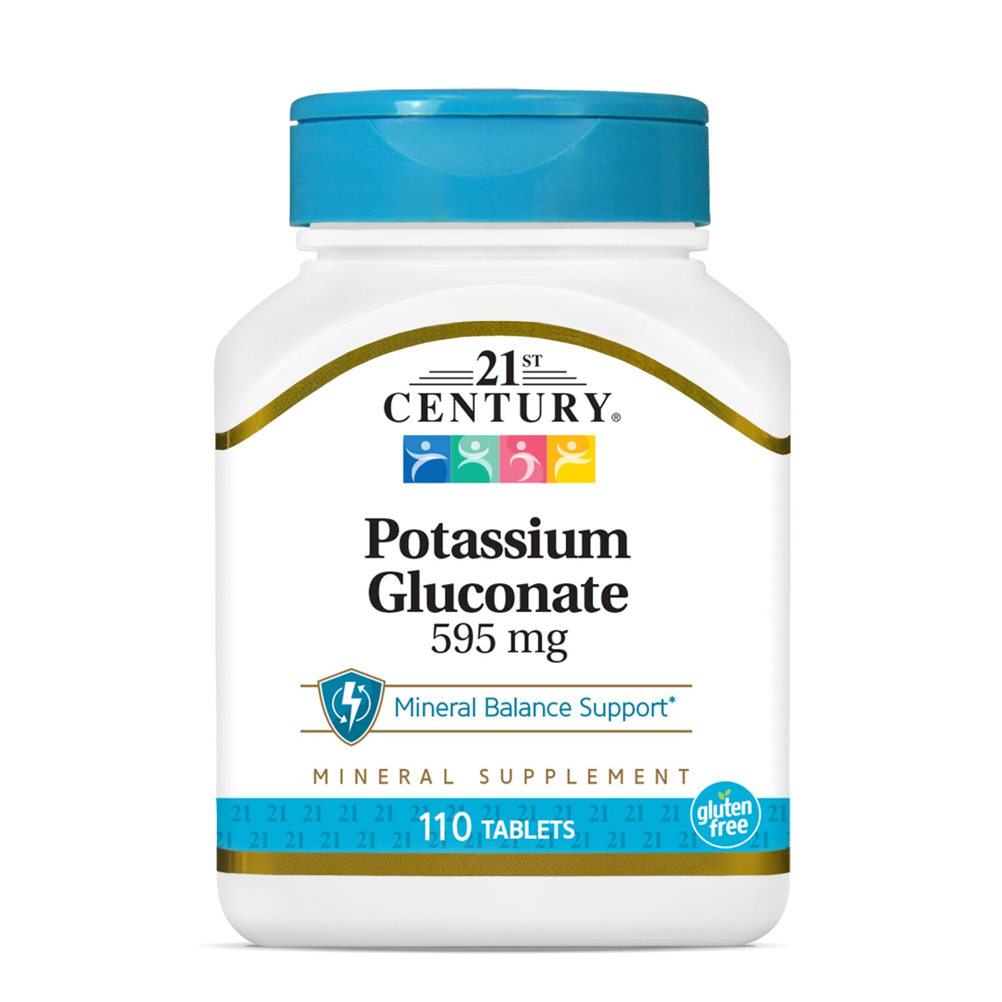 21st Century Potassium Gluconate 110 tablets front label highlighting mineral balance support.