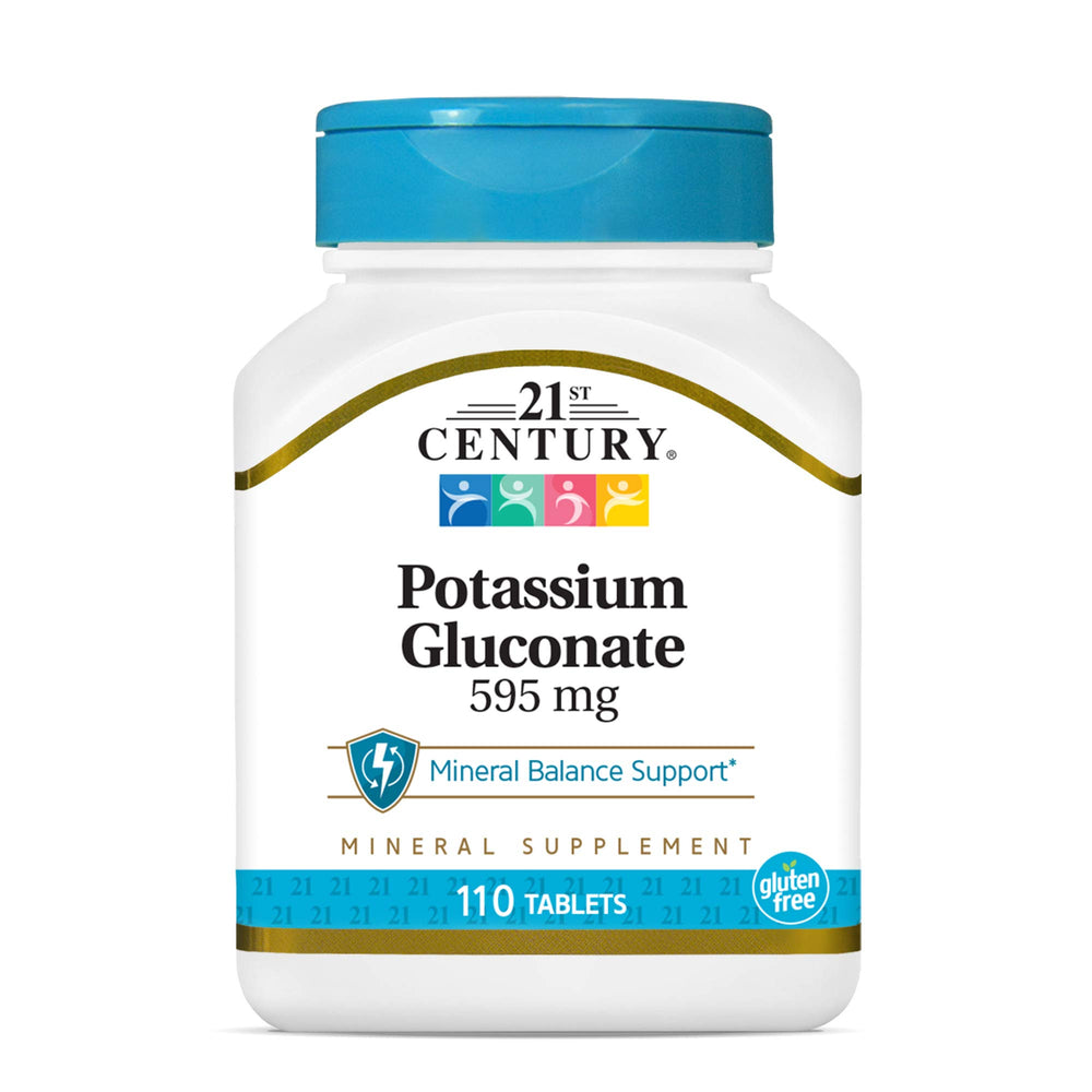 21st Century Potassium Gluconate 110 tablets front label highlighting mineral balance support.