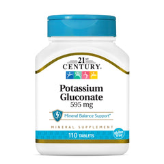 21st Century Potassium Gluconate 110 tablets front label highlighting mineral balance support.