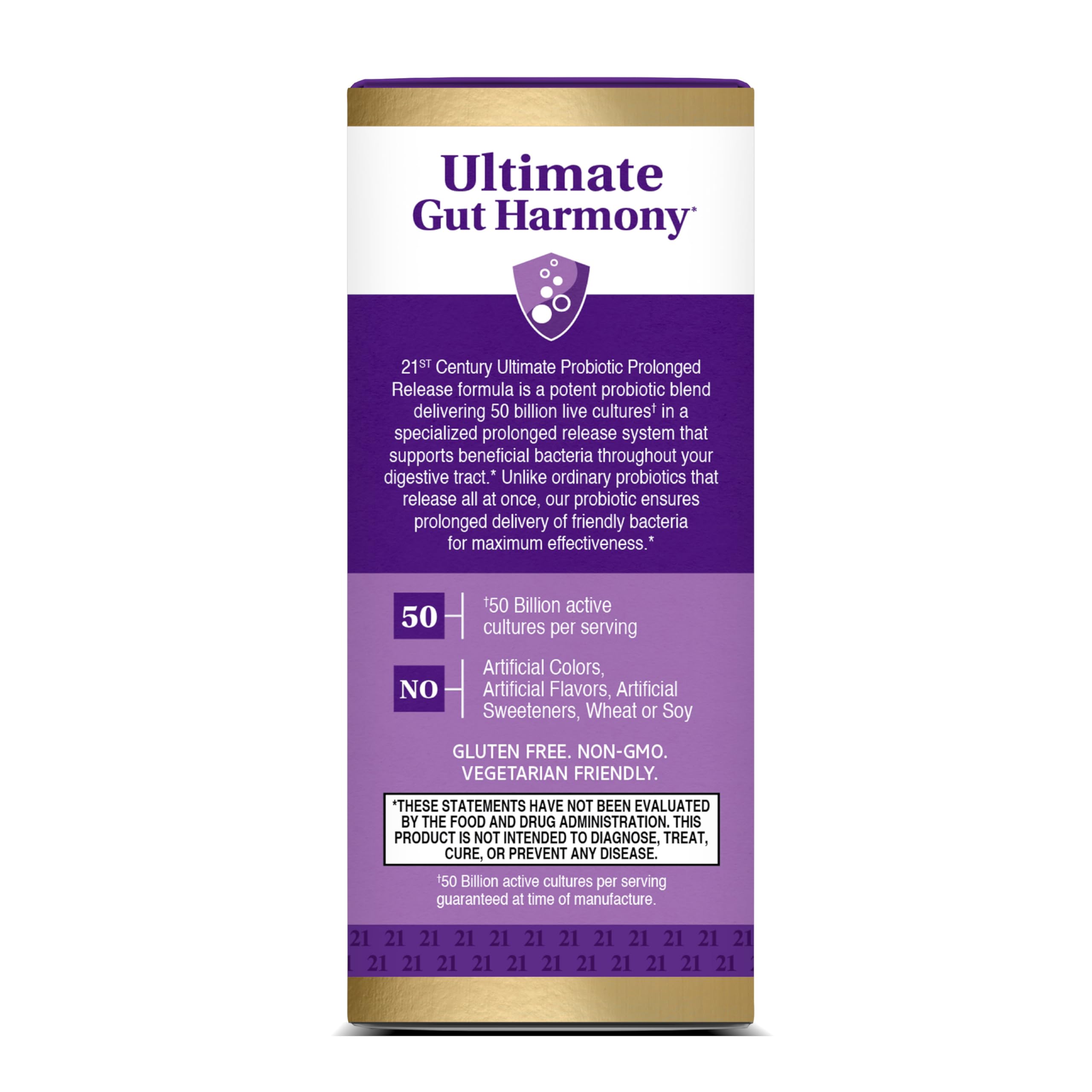 21st Century Ultimate Probiotic bottle on shelf beside water promotes routine intake.