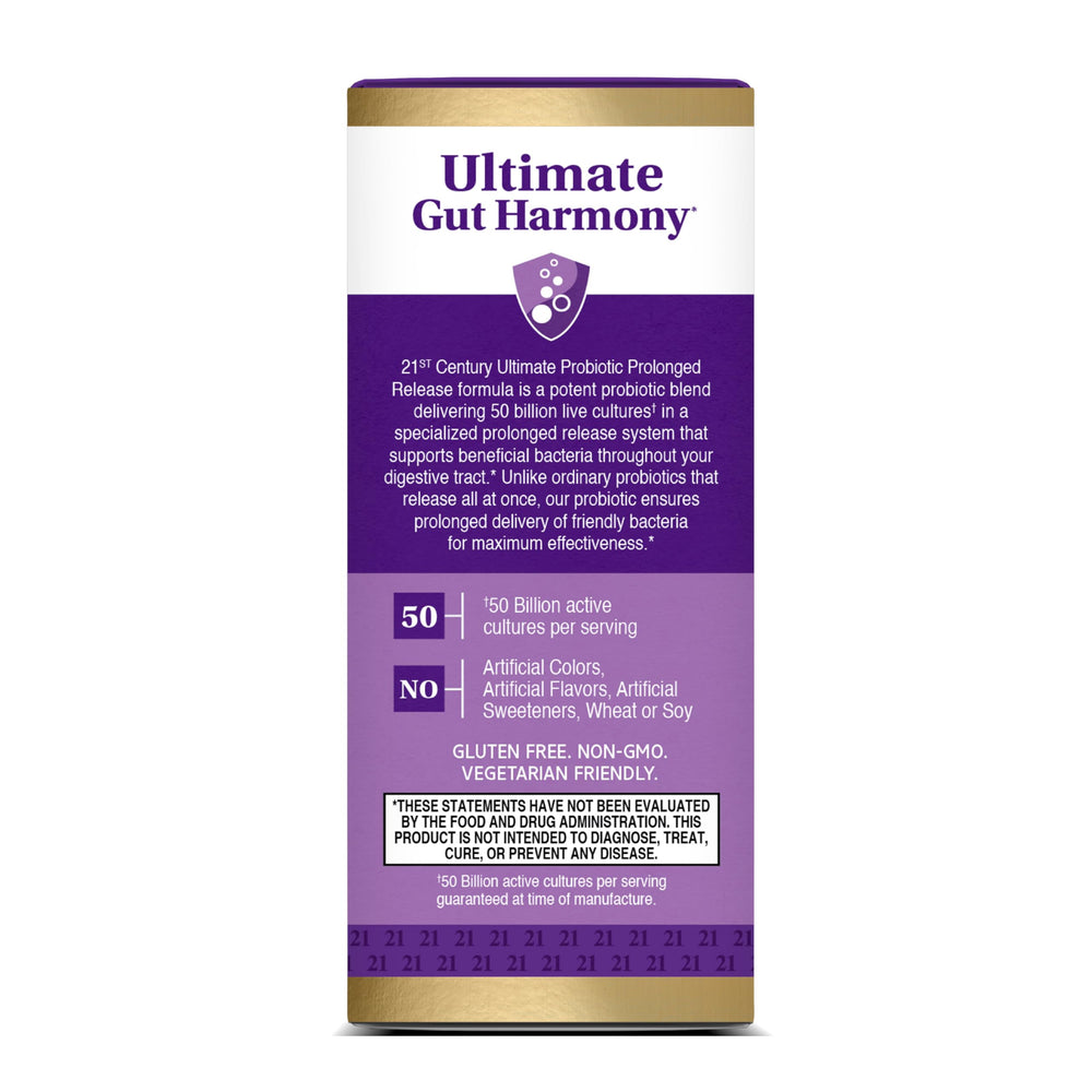 21st Century Ultimate Probiotic bottle on shelf beside water promotes routine intake.