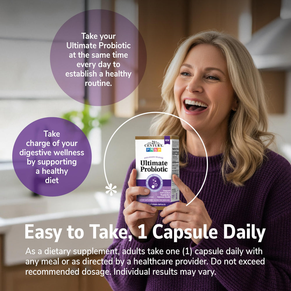 21st Century Ultimate Probiotic in hand for on-the-go support.