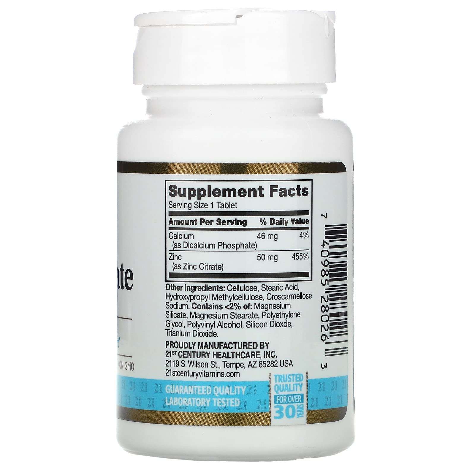 21st Century Zinc Citrate Tablets closeup, showcasing vegan and gluten-free supplement benefits.
