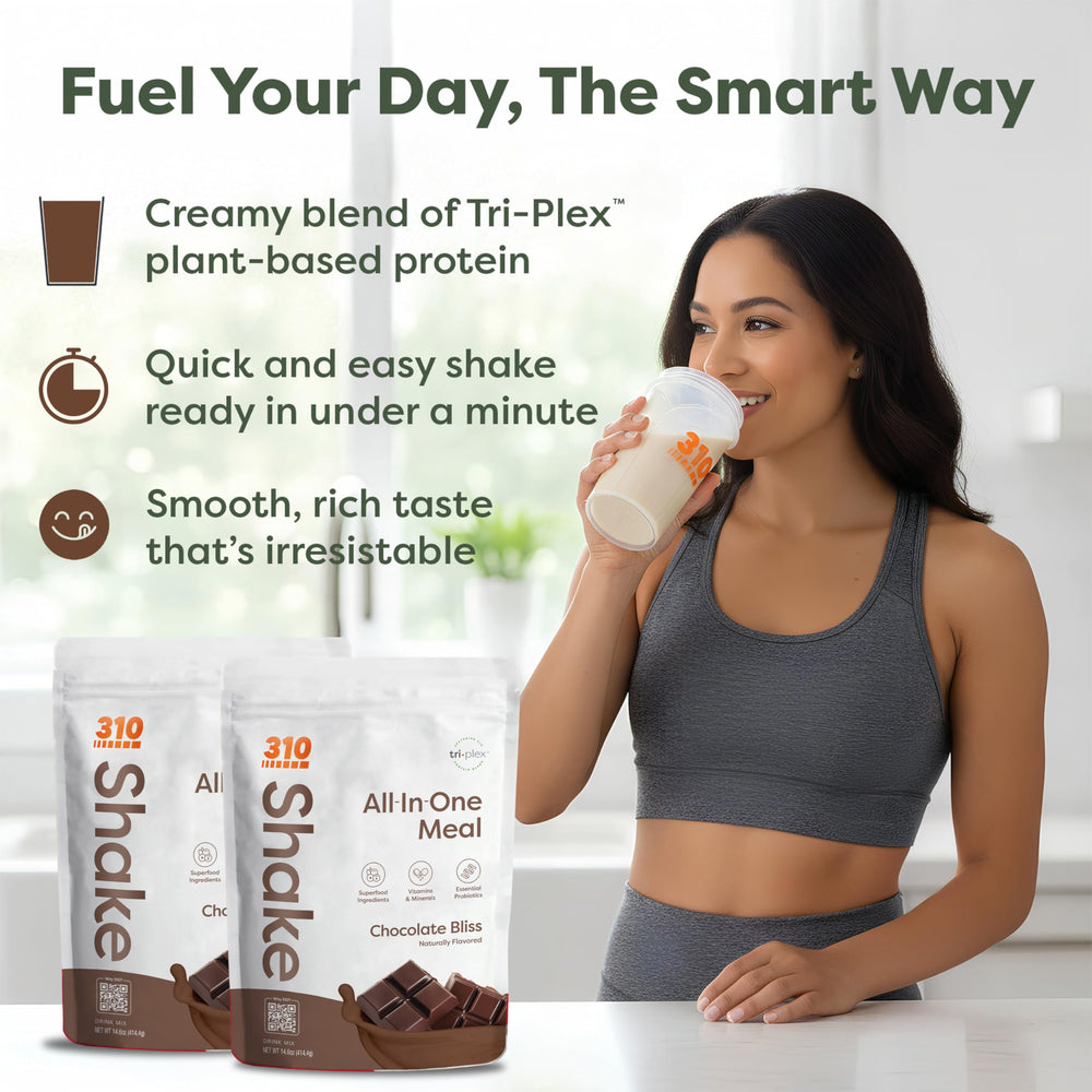 310 Nutrition All-In-One Chocolate Bliss nutrition label with keto-friendly protein details.