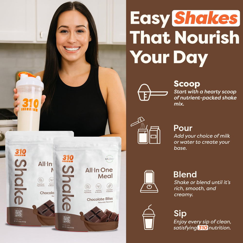 310 Nutrition All-In-One Chocolate Bliss stir and mix offers quick, smooth shakes.
