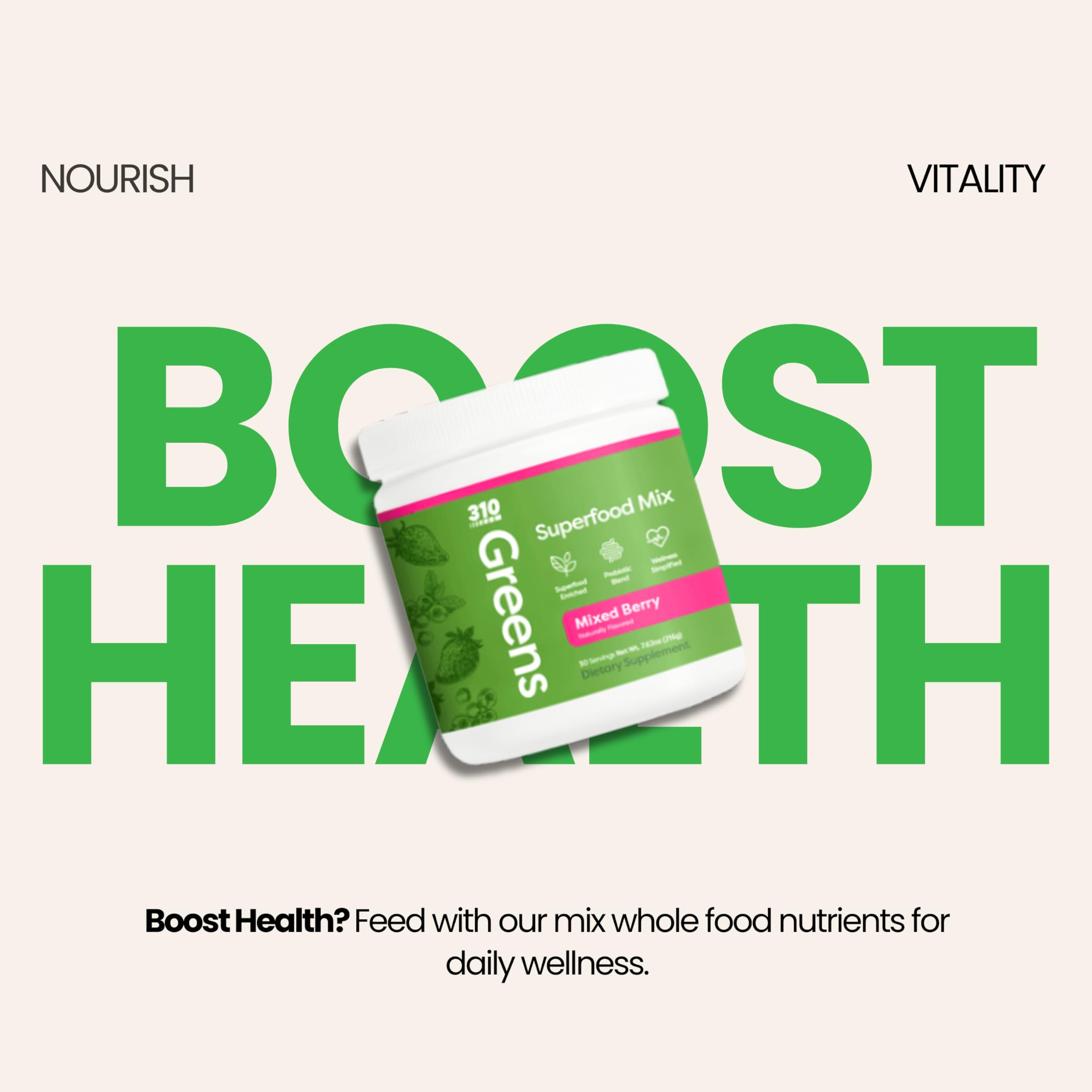 310 Nutrition Daily greens ritual with powder scoop on counter for wellness routine.