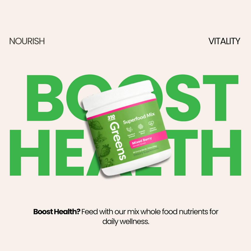 310 Nutrition Daily greens ritual with powder scoop on counter for wellness routine.
