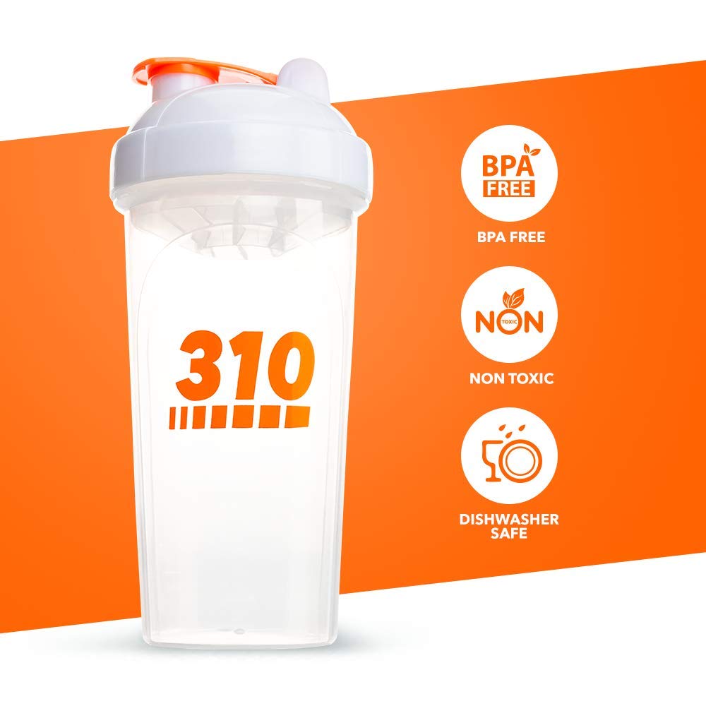 310 Nutrition shaker with leak-proof snap lid prevents spills in gym bags