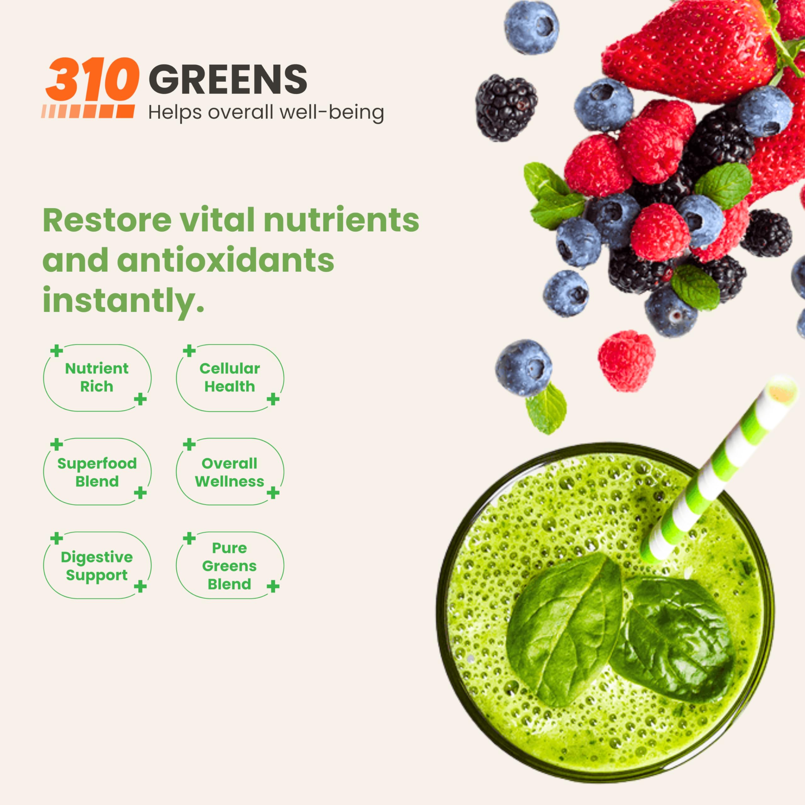 310 Nutrition Green powder with scoop for smooth, berry-flavored shake.