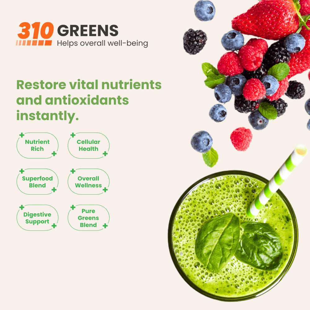 310 Nutrition Green powder with scoop for smooth, berry-flavored shake.