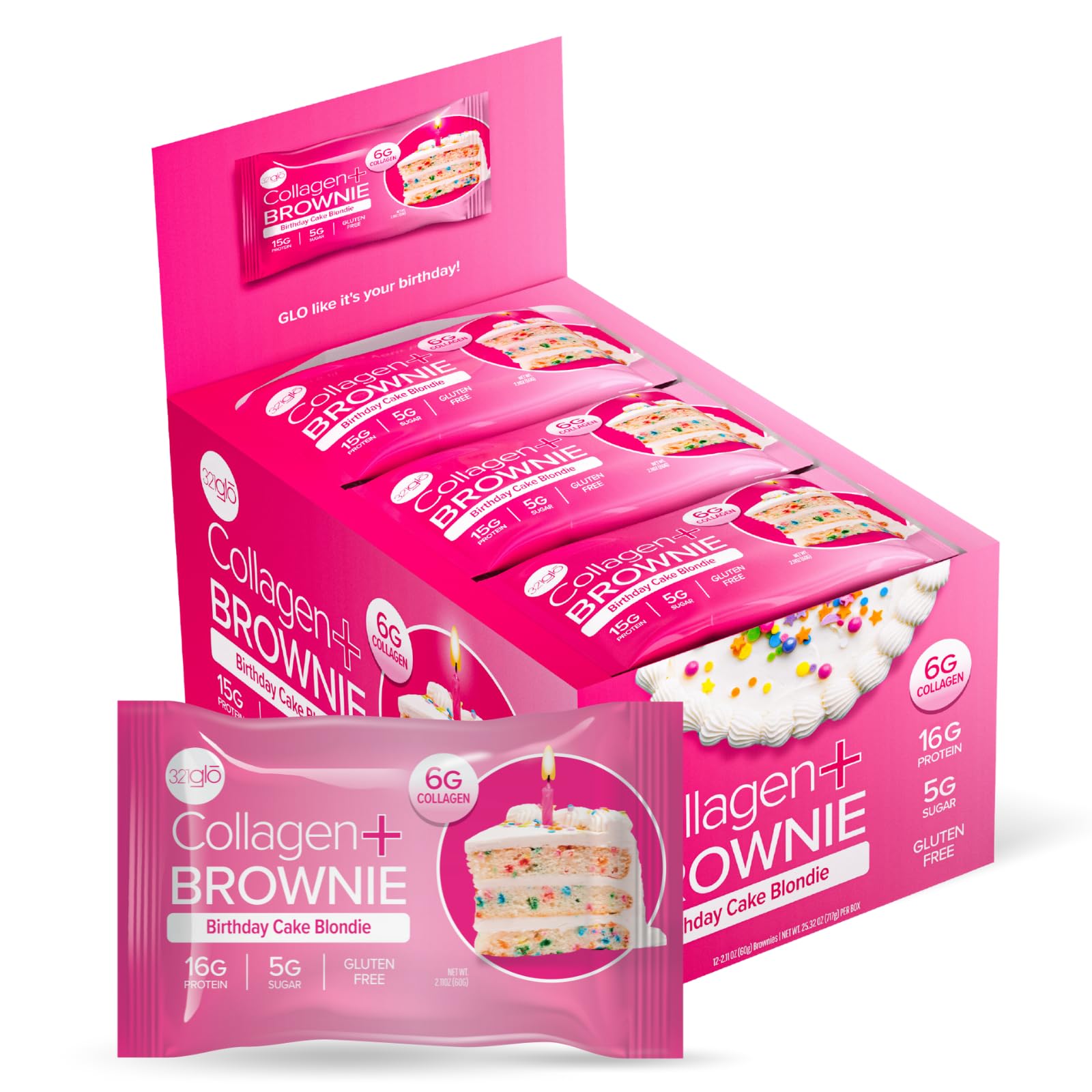 321glo Collagen Protein Brownie gluten-free label front emphasizes sugar-conscious dessert.