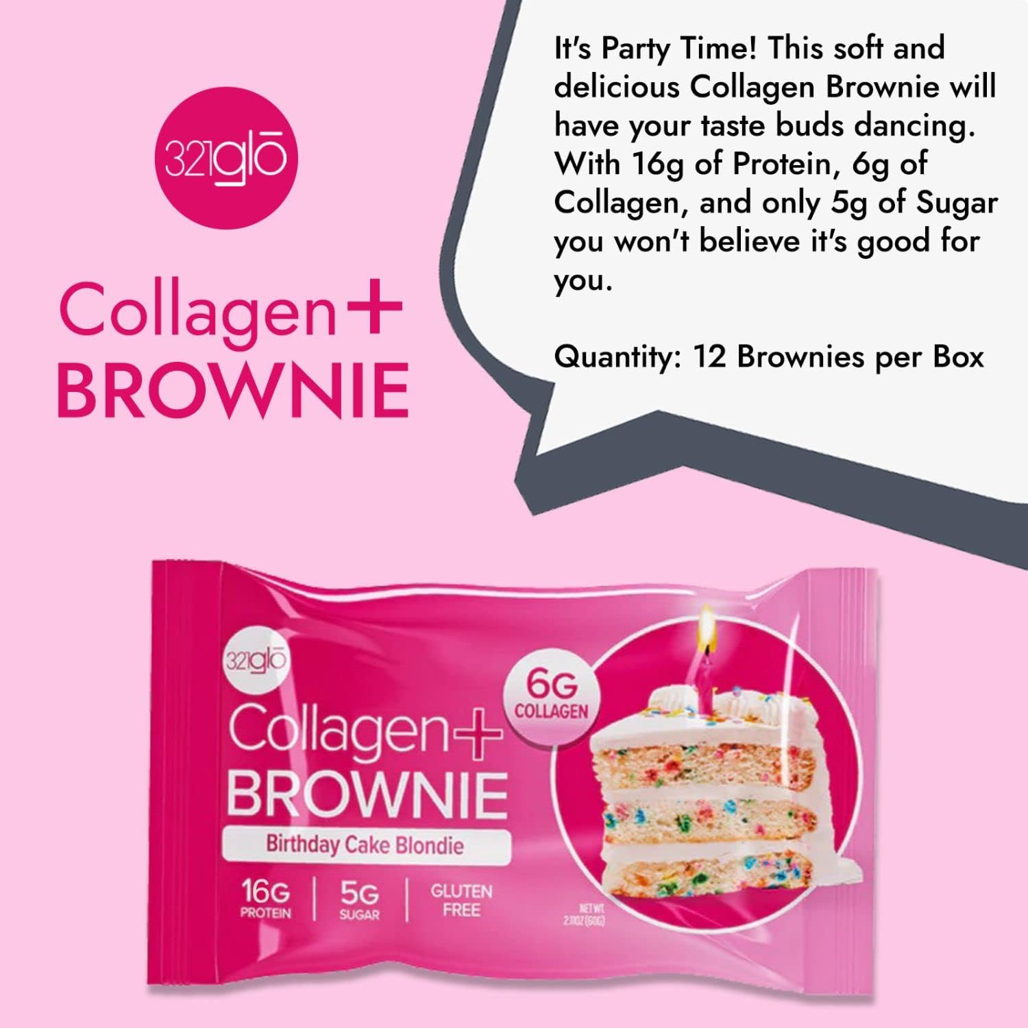 321glo Collagen Brownie low-sugar symbol highlights keto-friendly indulgence.