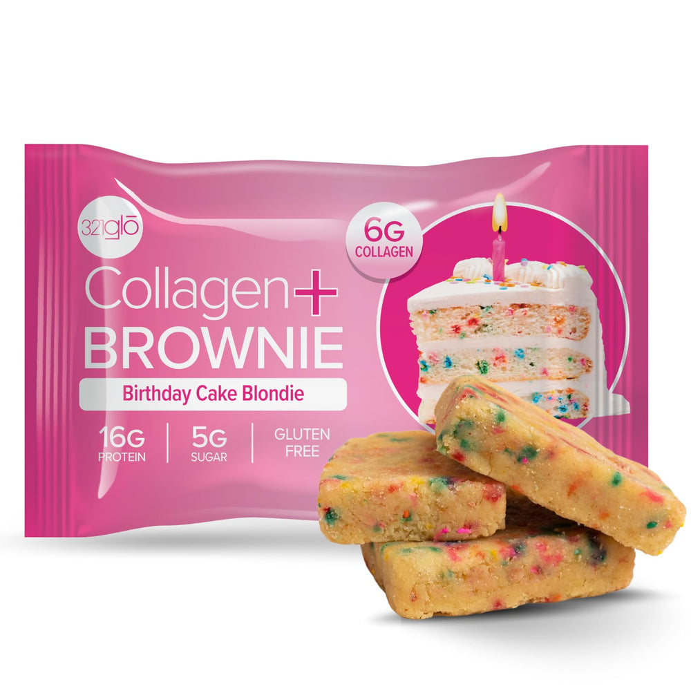 321glo Collagen Protein Brownie pack shot, gluten-free and keto-friendly snack option.