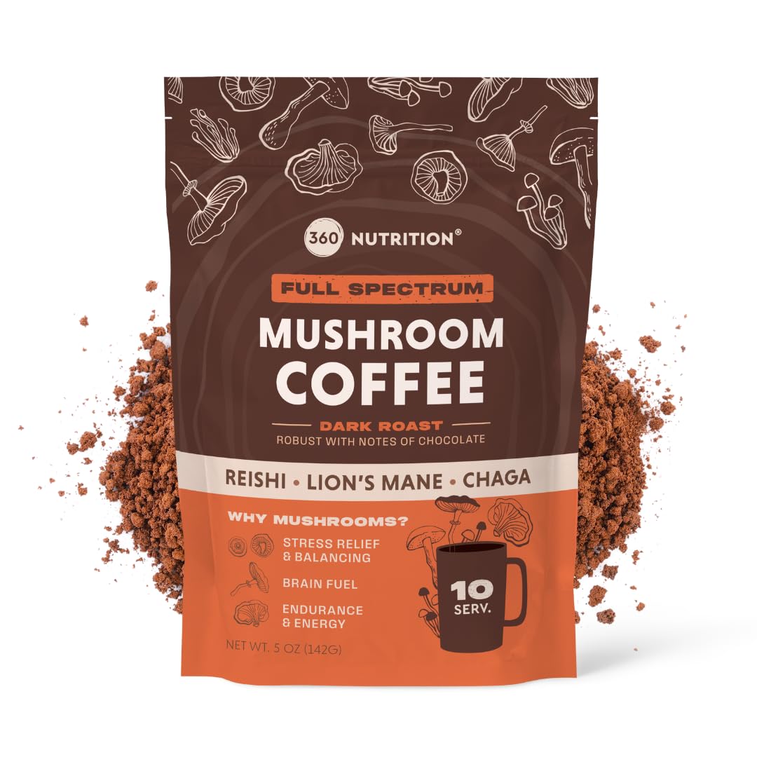 360 Nutrition Instant Mushroom Coffee packaging front showing dark roast for a focused morning routine