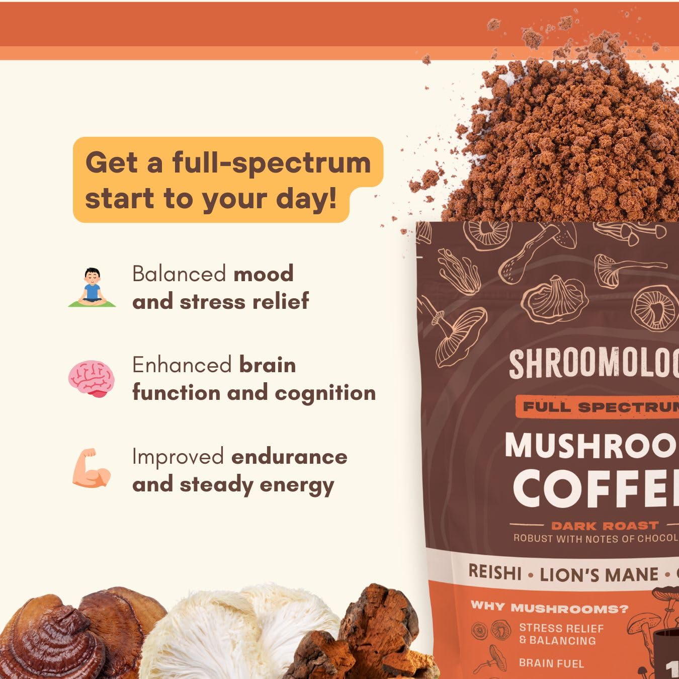 360 Nutrition Instant Mushroom Coffee mug setup in kitchen suggesting morning energy and focus