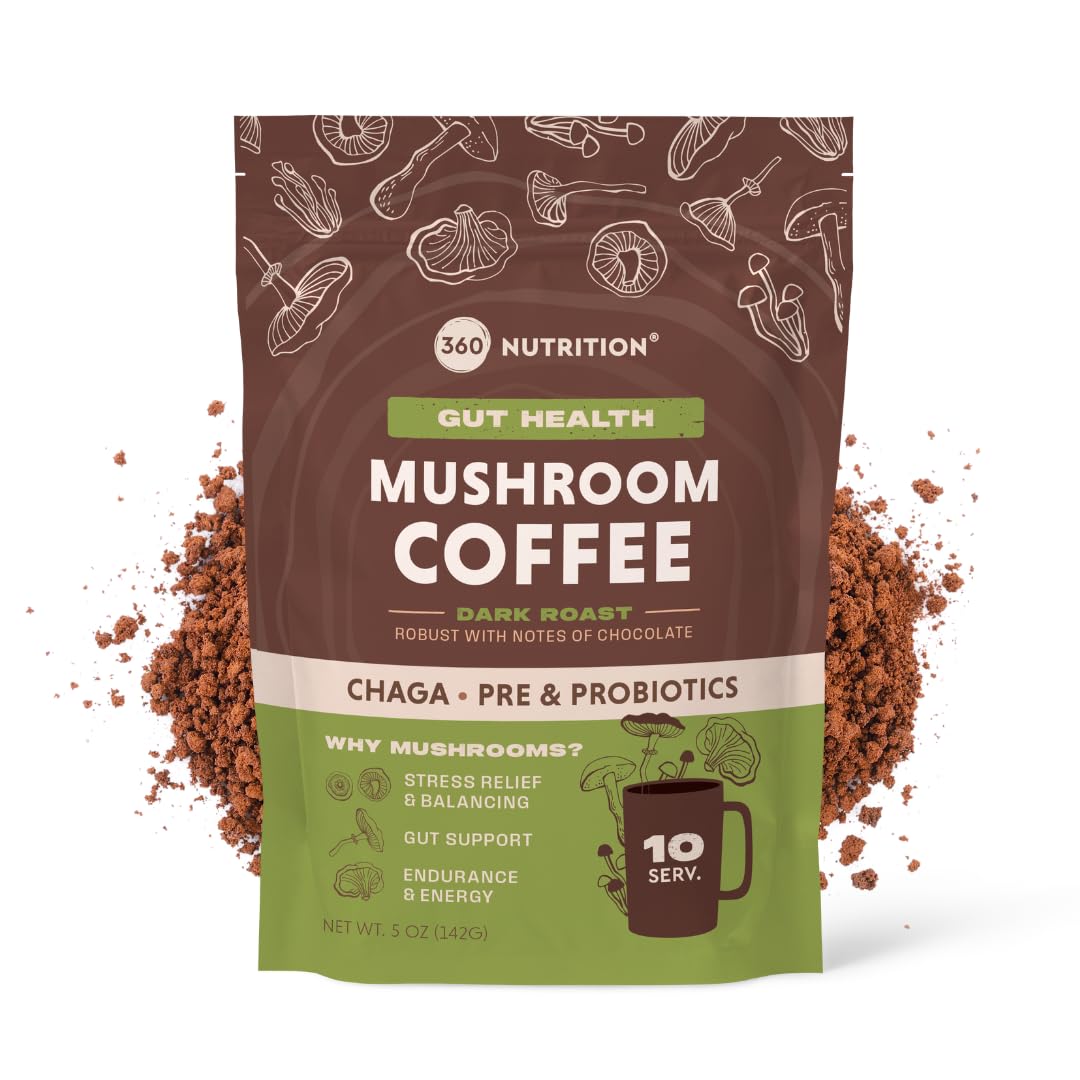 360 Nutrition Instant Mushroom Coffee packaging and cup, convenient morning ritual.