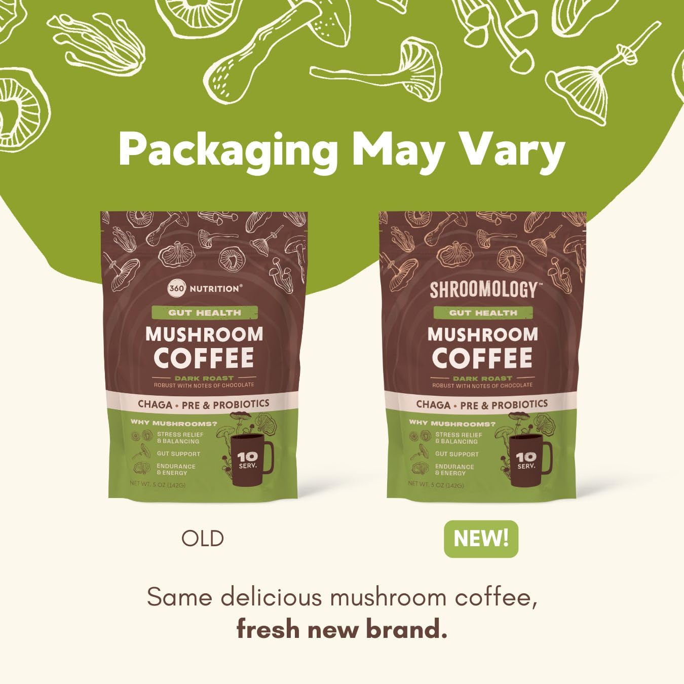 360 Nutrition Mushroom coffee visuals showcase premium aroma and flavor notes.