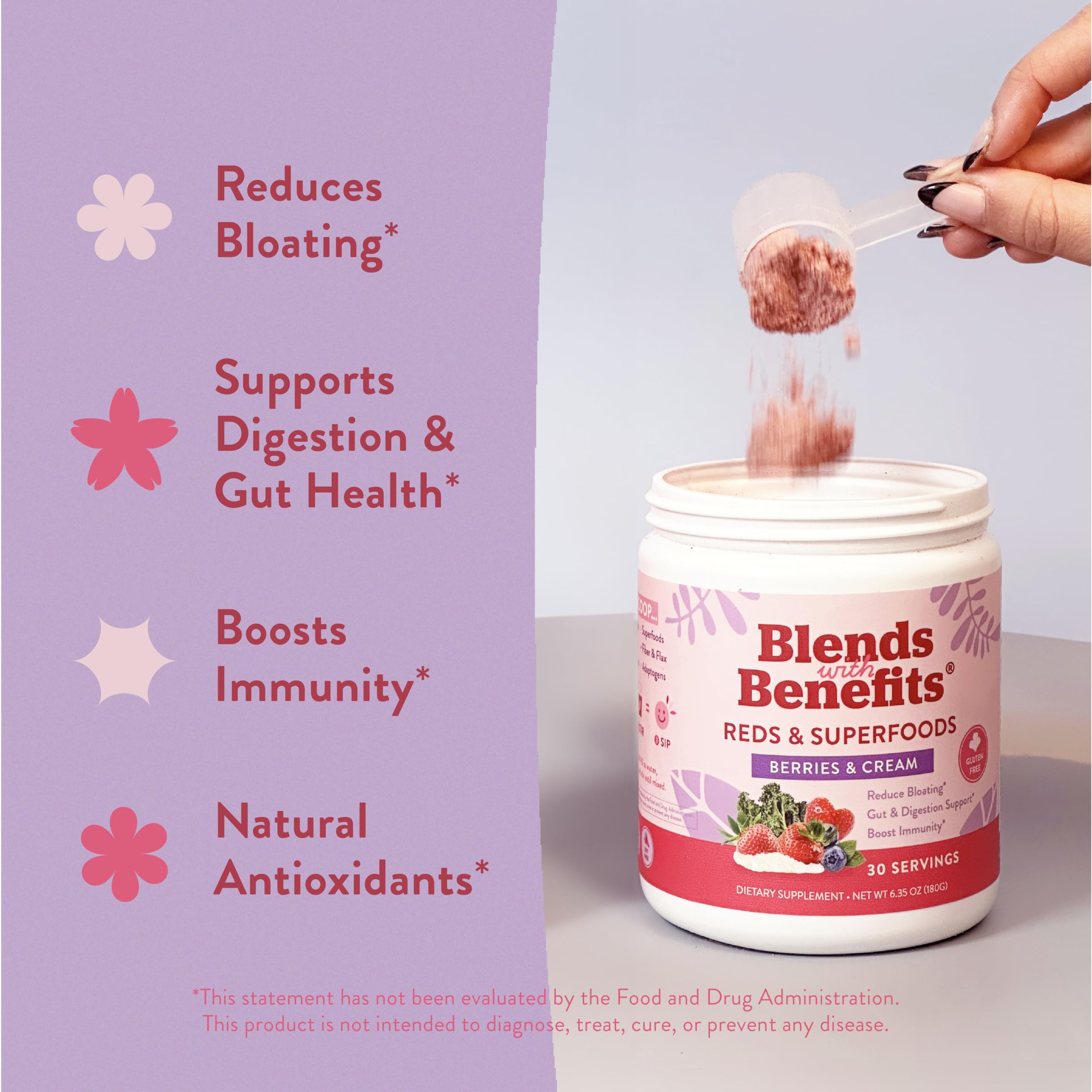 360 Nutrition Reds & Superfoods glass with berry smoothie offering a convenient energy boost.