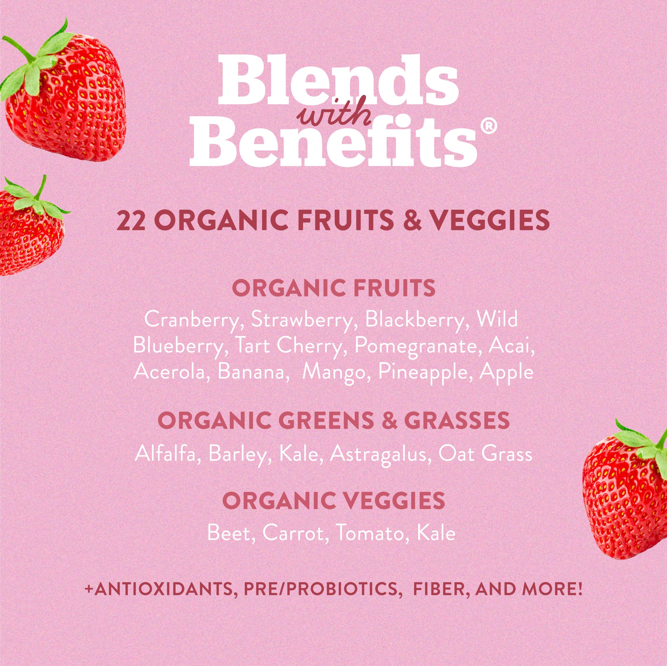 360 Nutrition Reds & Superfoods ingredients with greens and berries for vitamin support.