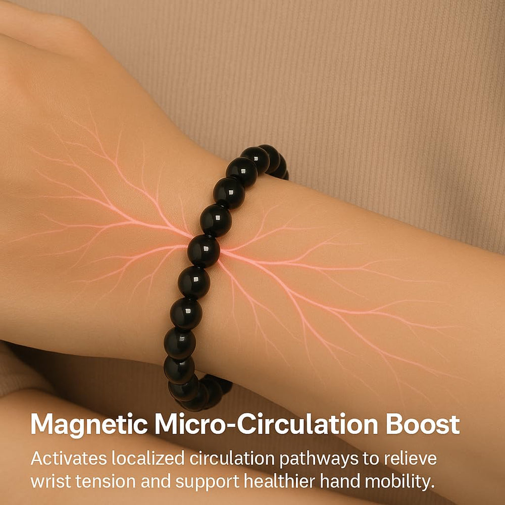 38 hematite beads bracelet wrist shot shows sleek unisex style for daily wellness.