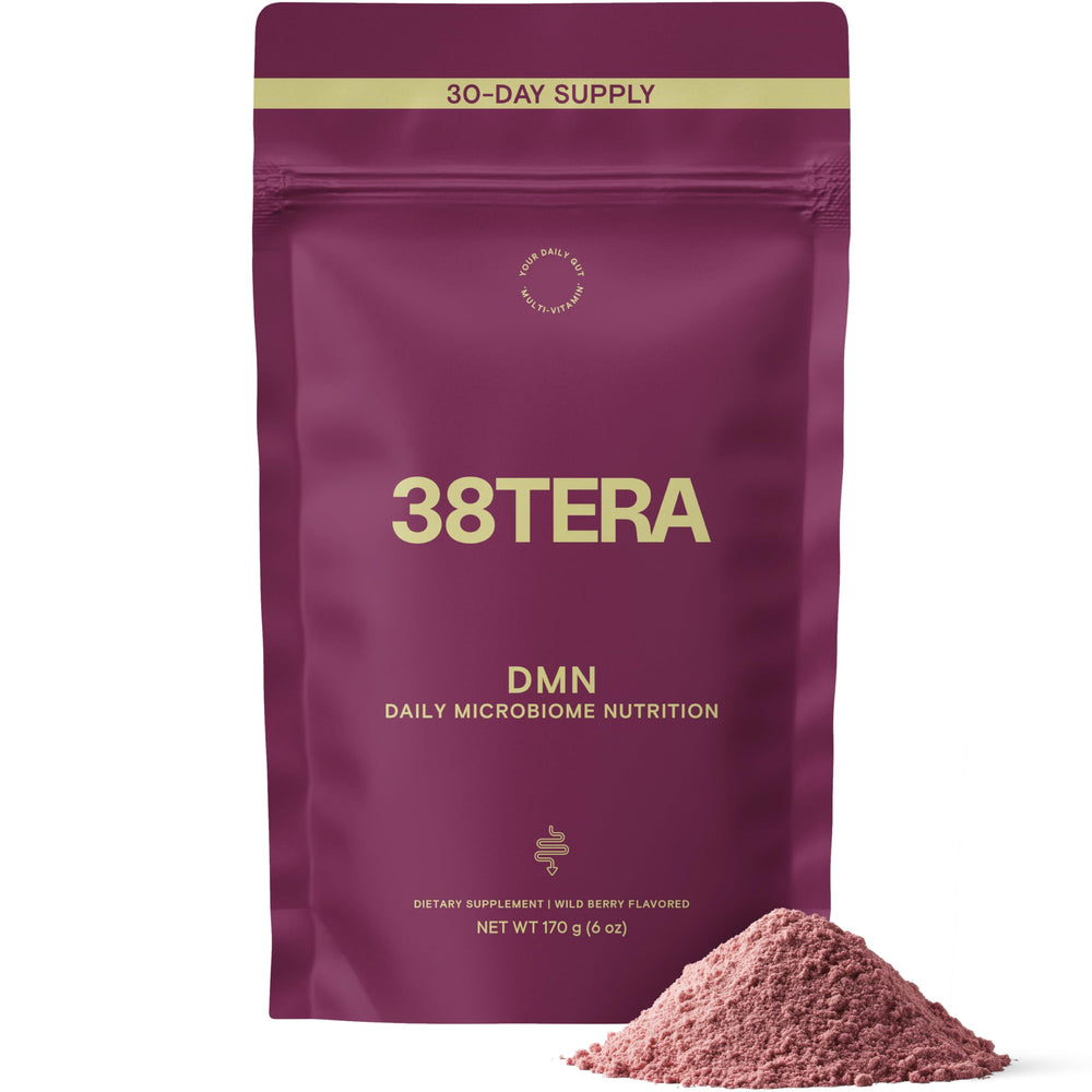 38TERA DMN tub close-up highlighting plant-based fiber for daily gut support.